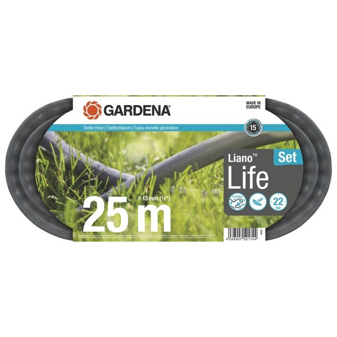 Gardena 18455-20 Liano Life Set Tubo da Giardino in Tessuto 25 m 13 mm 1-2'' resistente UV e gelo colore Nero Grigio