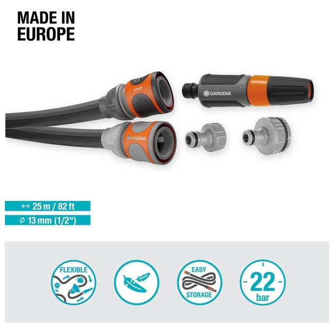 Gardena 18455-20 Liano Life Set Tubo da Giardino in Tessuto 25 m 13 mm 1-2'' resistente UV e gelo colore Nero Grigio
