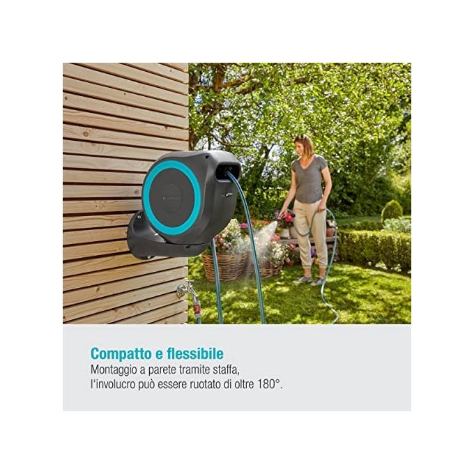 Gardena 18600-20 Avvolgitubo da Parete RollUp S 15 m con Lancia e Raccordi Avvolgimento Automatico Rotazione 180 gradi colore Azzurro