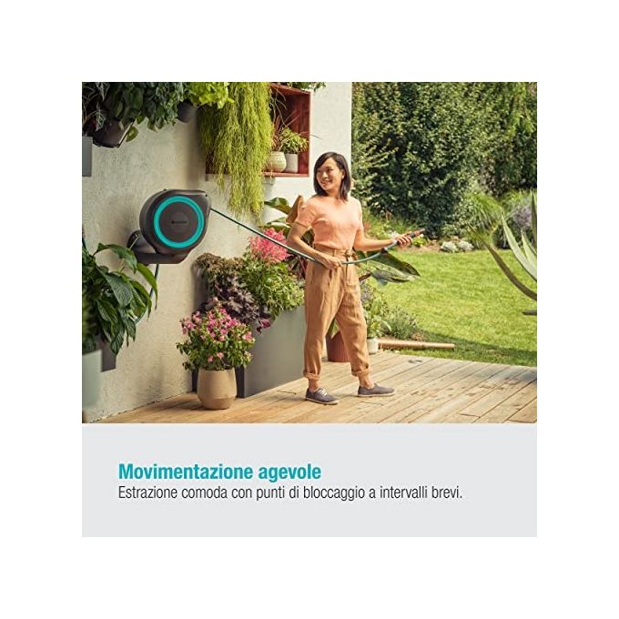 Gardena 18600-20 Avvolgitubo da Parete RollUp S 15 m con Lancia e Raccordi Avvolgimento Automatico Rotazione 180 gradi colore Azzurro