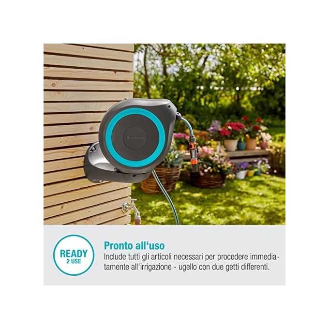 Gardena 18600-20 Avvolgitubo da Parete RollUp S 15 m con Lancia e Raccordi Avvolgimento Automatico Rotazione 180 gradi colore Azzurro