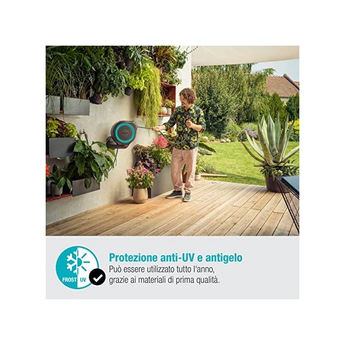 Gardena 18600-20 Avvolgitubo da Parete RollUp S 15 m con Lancia e Raccordi Avvolgimento Automatico Rotazione 180 gradi colore Azzurro