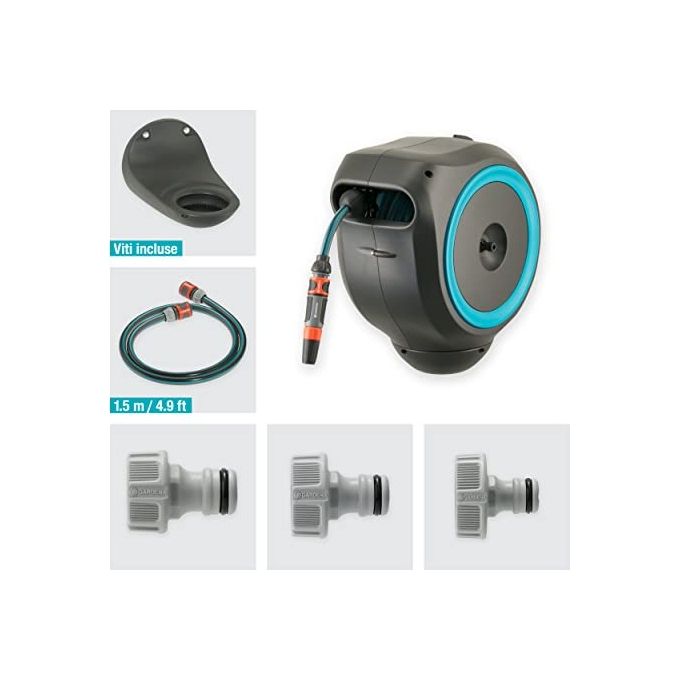 Gardena 18600-20 Avvolgitubo da Parete RollUp S 15 m con Lancia e Raccordi Avvolgimento Automatico Rotazione 180 gradi colore Azzurro