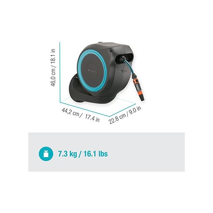 Gardena 18600-20 Avvolgitubo da Parete RollUp S 15 m con Lancia e Raccordi Avvolgimento Automatico Rotazione 180 gradi colore Azzurro