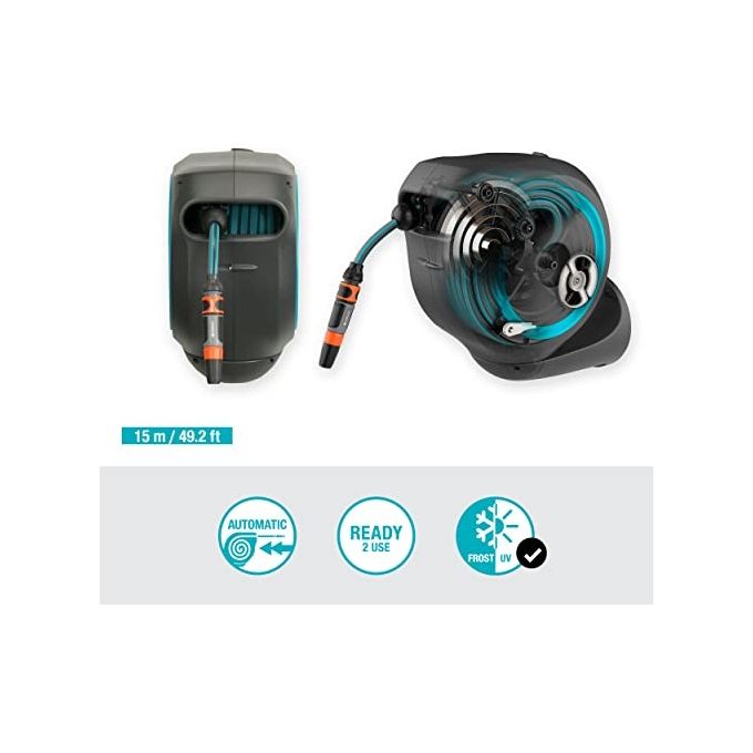 Gardena 18600-20 Avvolgitubo da Parete RollUp S 15 m con Lancia e Raccordi Avvolgimento Automatico Rotazione 180 gradi colore Azzurro