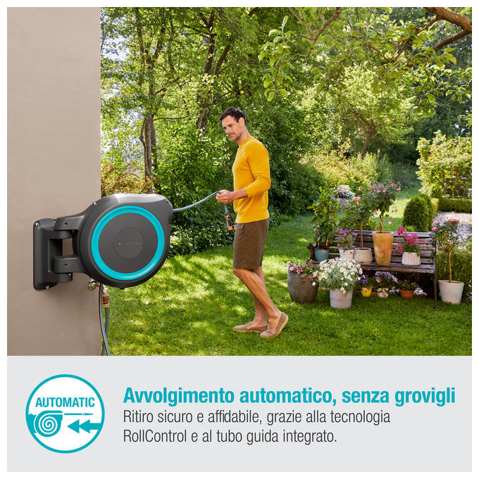 Gardena Avvolgitubo a Parete Automatico RollUp M-L con Tubo da 25m