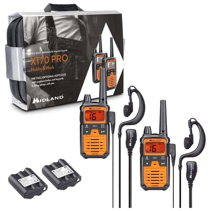 Midland C1465.01 XT70 PRO Walkie Talkie 101 Canali PMR446 Waterproof IPX4 Portata 12Km Autonomia 17H VOX 9 Livelli Valigetta e Accessori inclusi colore Nero