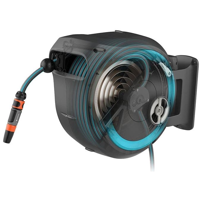 GARDENA 18630-20 RollUp XL Avvolgitubo a Parete 35 m Diametro 13 mm Rotazione 180° con Lancia e Raccordi colore Azzurro