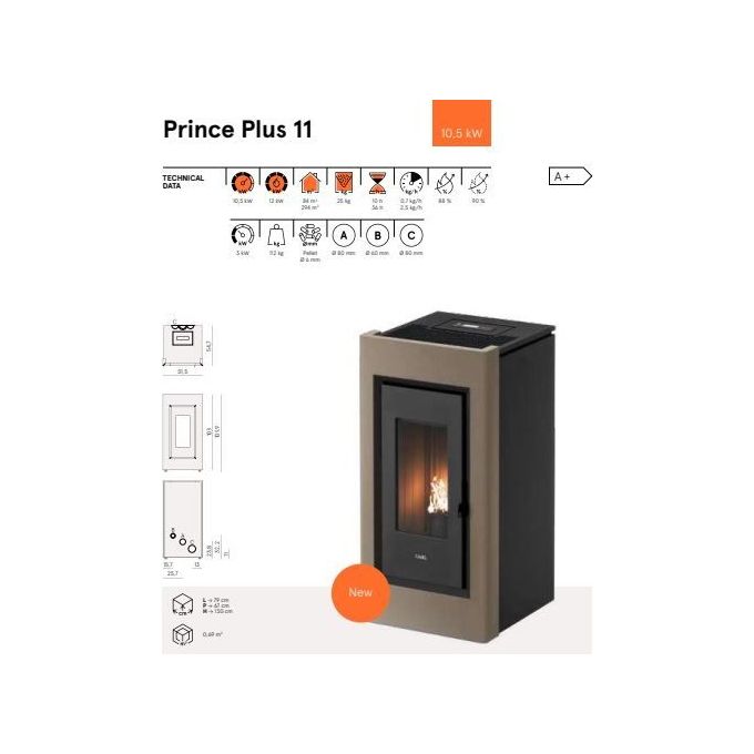 CADEL 8053859015697 Prince Stufa a pellet 10 5 kW Classe A+ con controllo app e programmazione colore Titanio