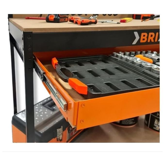 Brixo HobbyandJob Banco da lavoro con pannello forato cassetto e ripiano 120x60x150 cm carico max 230 Kg colore Nero