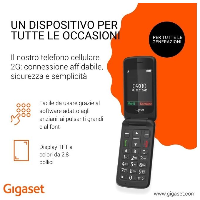 Gigaset GL595 Telefono Cellulare per Anziani Clamshell SIM singola IP44 Bluetooth Tasto SOS 2.8'' colore Nero