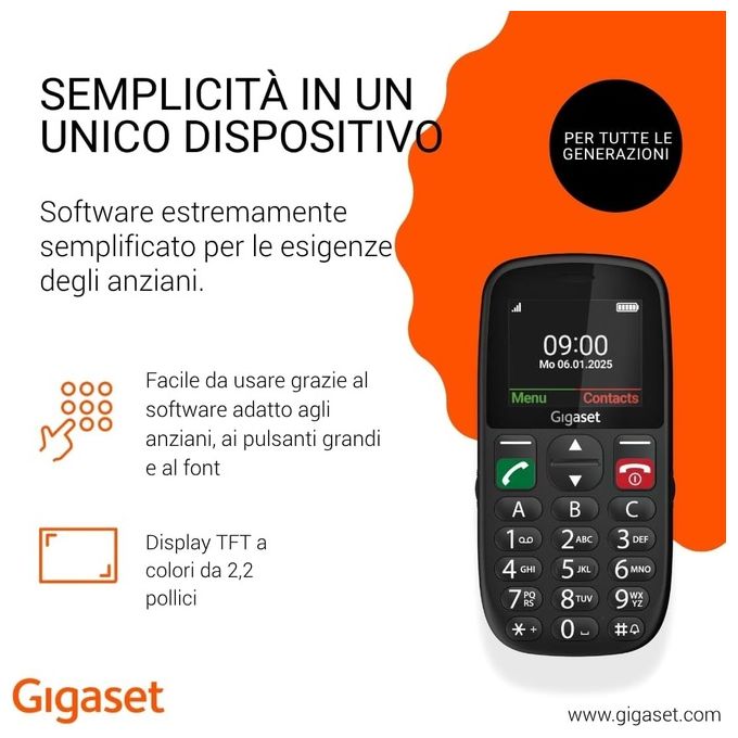 Gigaset GL395, Telefono Cellulare per Anziani, Nero, Sim Singola, Tasto SOS