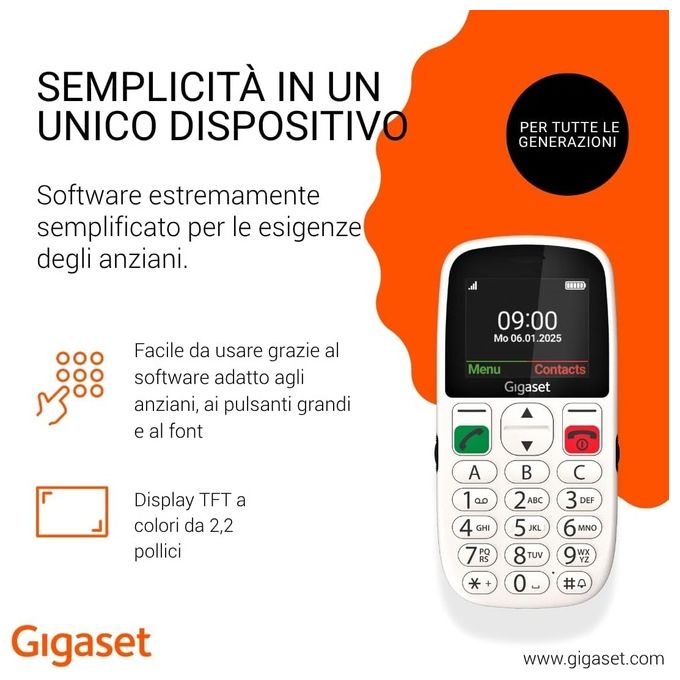 Gigaset S30853-H1230-R103 GL395 Telefono per Anziani 2.2'' Tasto SOS Bluetooth IP44 800 mAh colore Bianco
