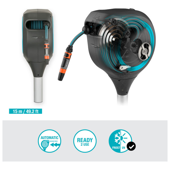 Gardena RollUp S Avvolgitubo da giardino 15 m con picchetto girevole 360° riavvolgimento automatico UV colore Foglia di te'