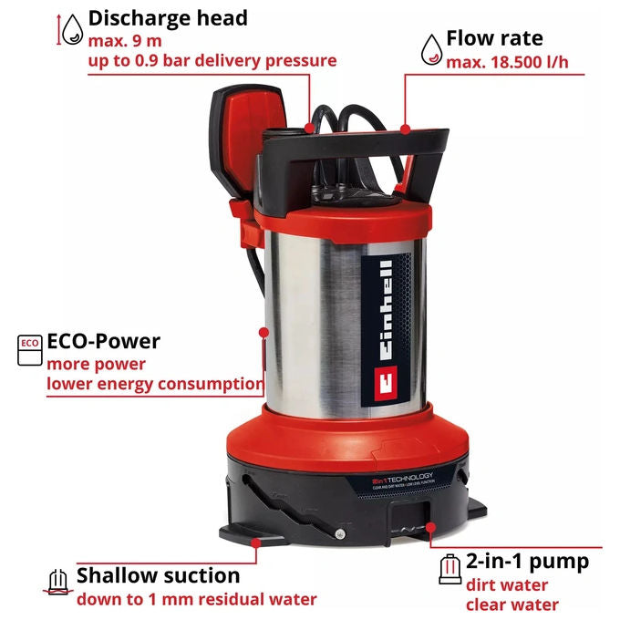 Einhell 4181515 GE-DP 7535 N LL ECO Pompa a Immersione 2 in 1 Acque Chiare e Scure 750W 18500 L-h Ø 35 mm