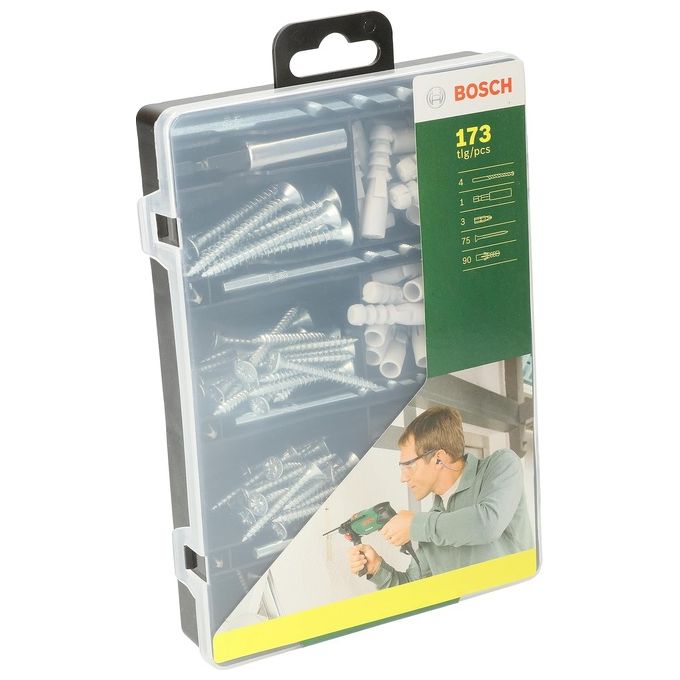 Bosch 2607019511 Set di Fissaggio 173 Pezzi Punte Muratura Tasselli Viti Cassetta Plastica