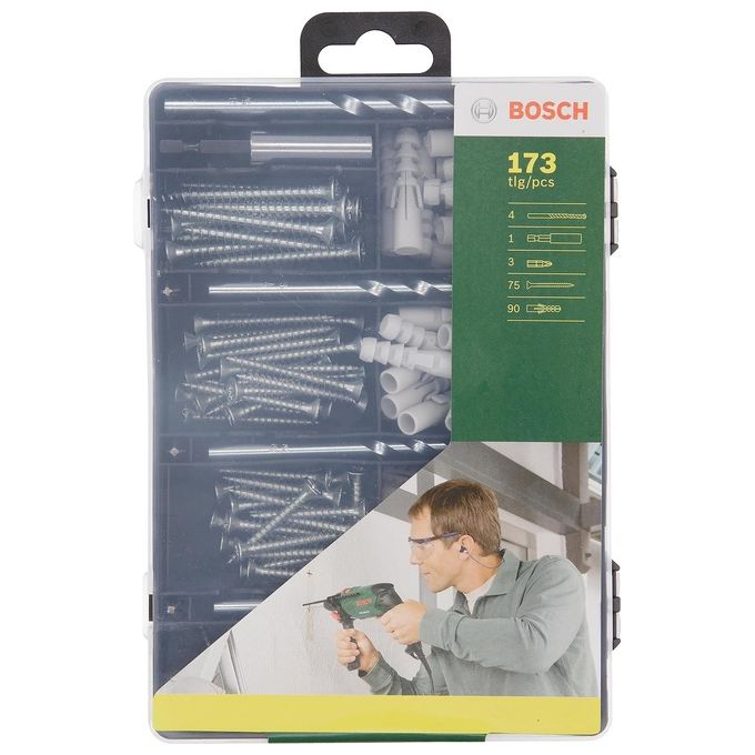 Bosch 2607019511 Set di Fissaggio 173 Pezzi Punte Muratura Tasselli Viti Cassetta Plastica