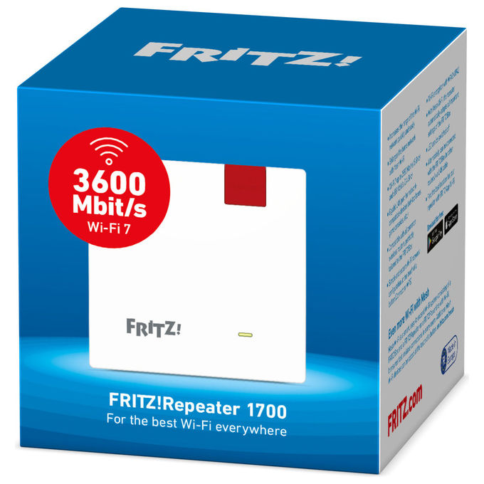 FRITZ! 20003132 Repeater 1700 Range Extender Wi-Fi 7 Dual Band 3600 Mbit-s Mesh Porta LAN Gigabit WPA3 colore Bianco