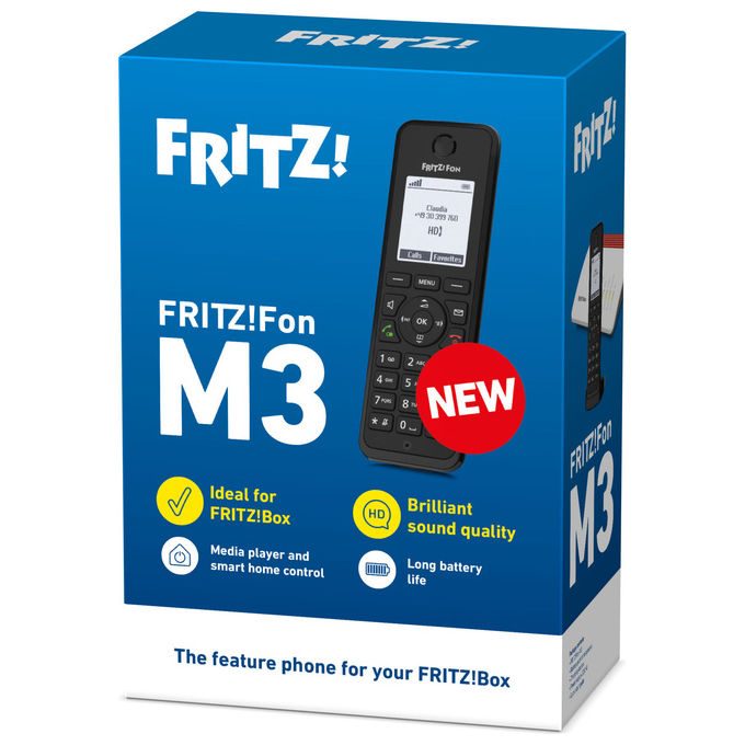 Fritz! fon M3 international, telefono DECT, display monocromatico 1,8 pollici, telefonia HD, vivavoce full duplex, batteria 16 ore, crittografato