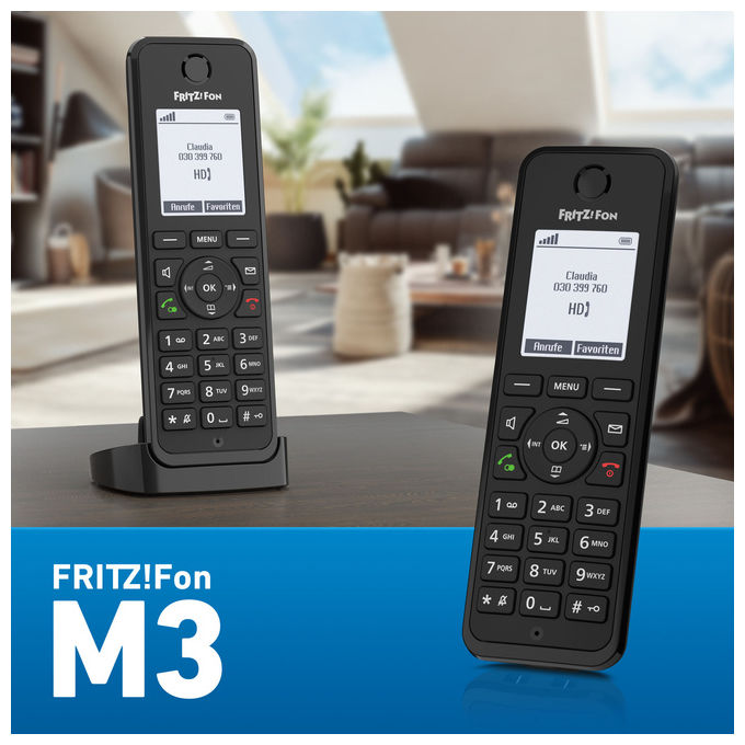 Fritz! fon M3 international, telefono DECT, display monocromatico 1,8 pollici, telefonia HD, vivavoce full duplex, batteria 16 ore, crittografato