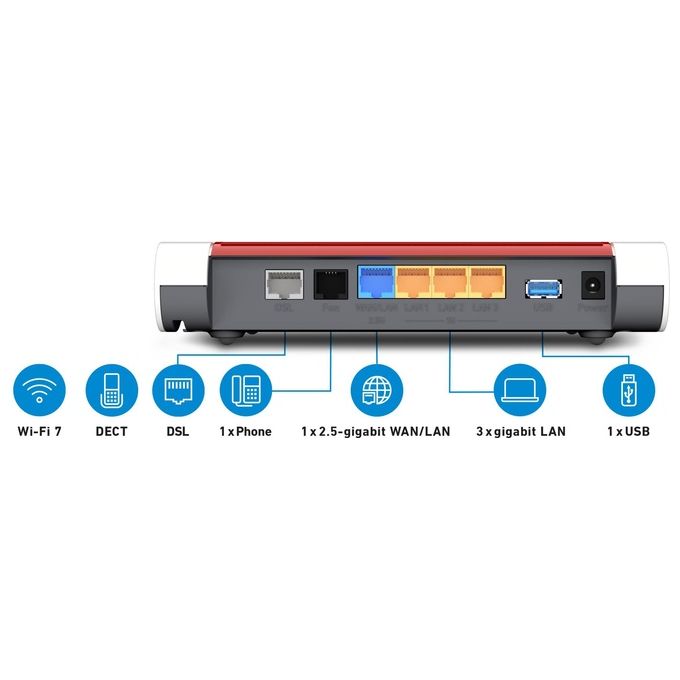 Fritz! 20003149 FRITZ!Box 7630 Router DSL Wi-Fi 7 fino a 3568 Mbit-s Mesh WPA3 WPA2 Porte 2.5 Gigabit DECT integrato