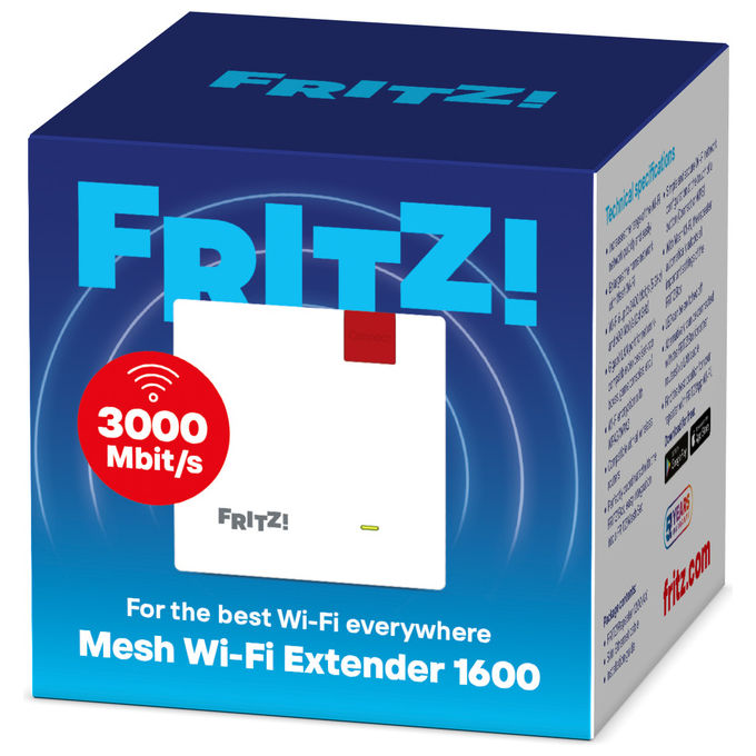 Fritz! Mesh Wi-Fi Extender 1600, ripetitore di rete dual-band, Wi-Fi 6, fino a 3000 Mbit-s, porta LAN Gigabit, WPA3-WPA2, Bianco