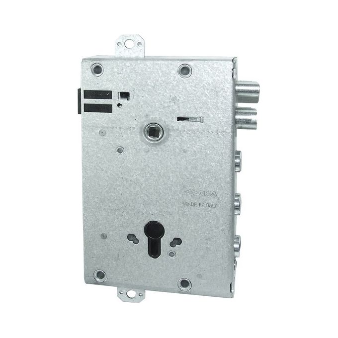 CISA 61968 Revolution Elettroserratura per Porta Blindata con Cilindro Europeo Triplice Scrocco Reversibile 2 Mandate Entrata 64 mm Interasse 85 mm Tensione 12V ca Corrente 3.1A Materiale Acciaio Zincato colore Nero