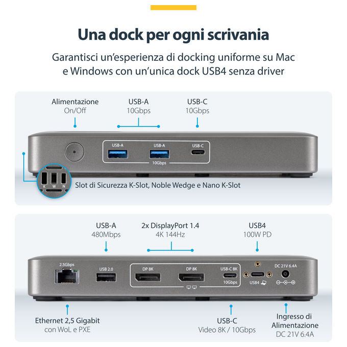 StarTech 208UE-USB4-DOCK Docking Station USB4 Doppio Monitor 4K 144Hz 8K 60Hz USB-C Power Delivery 100W Ethernet 2.5GbE colore Grigio