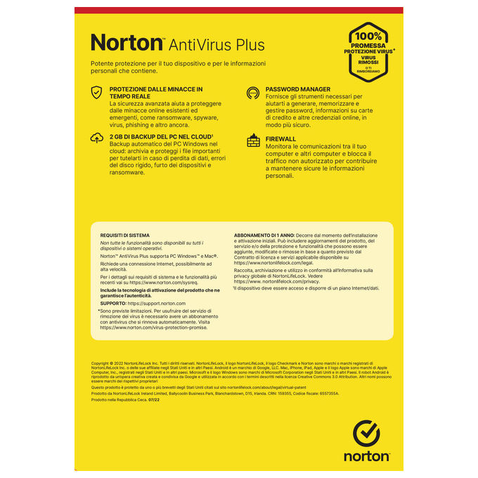 Norton 21429118 Antivirus Plus 2024 1 Dispositivo Licenza 1 anno 2 GB Backup Cloud Password Manager Firewall PC o Mac