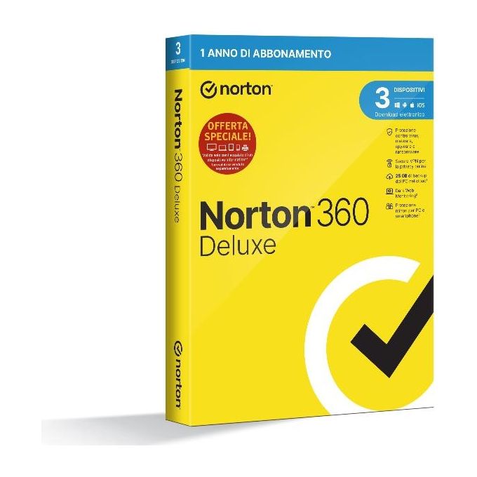 Norton 21429760 360 Deluxe Antivirus 3 Dispositivi 12 Mesi 25 GB Download colore Italiano