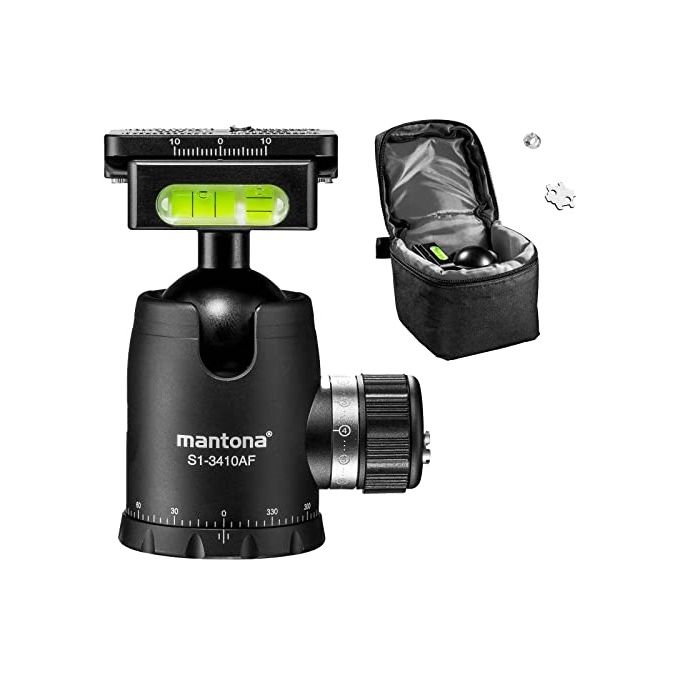 Mantona 21435 Fortress Testa a sfera 34 mm Carico Massimo 10 Kg Funzione Panoramica 360° 3 Livelle Compatibile Arca-Swiss colore Nero
