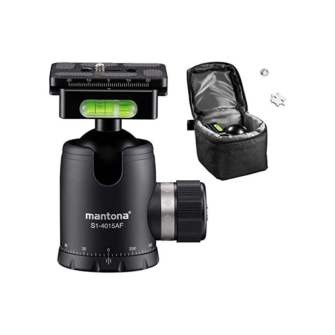 Mantona 21436 Fortress Testa a sfera 40 mm portata 15 Kg 360° panoramica 3 livelle piastra Arca-Swiss inclusa colore Nero