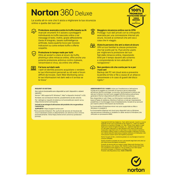 Norton 360 Deluxe Antivirus 3 Dispositivi 12 Mesi 25GB Antitruffa