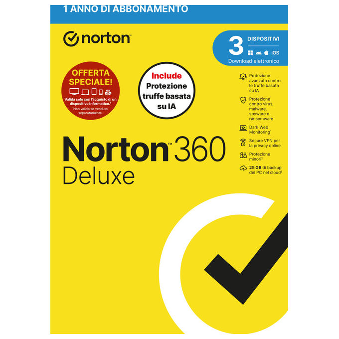 Norton 360 Deluxe Antivirus 3 Dispositivi 12 Mesi 25GB Antitruffa