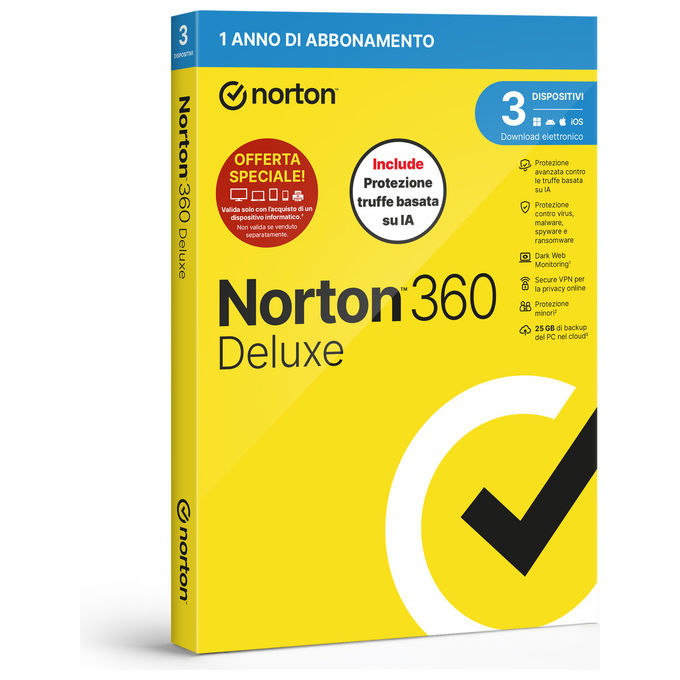 Norton 360 Deluxe Antivirus 3 Dispositivi 12 Mesi 25GB Antitruffa