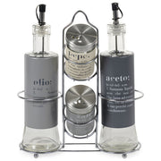 Set olio, aceto, sale e pepe in vetro con stand in metallo, Victionary