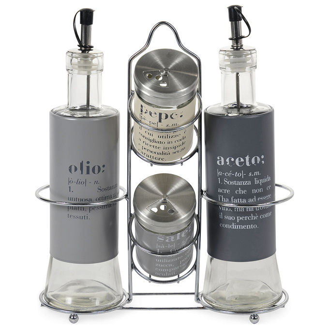 Set olio, aceto, sale e pepe in vetro con stand in metallo, Victionary
