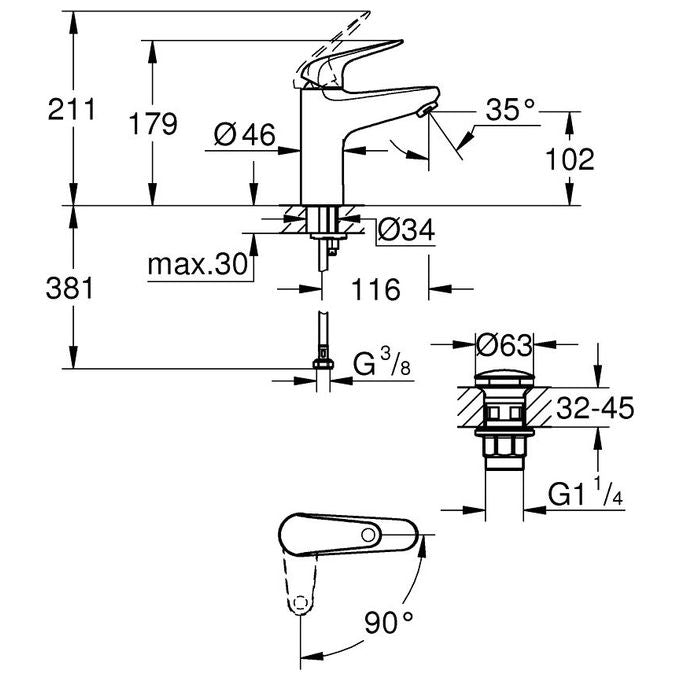 Grohe Swift miscelatore monocomando per lavabo, taglia M, cromo, scarico Push-Open, cartuccia ceramica 28 mm, avvio a freddo