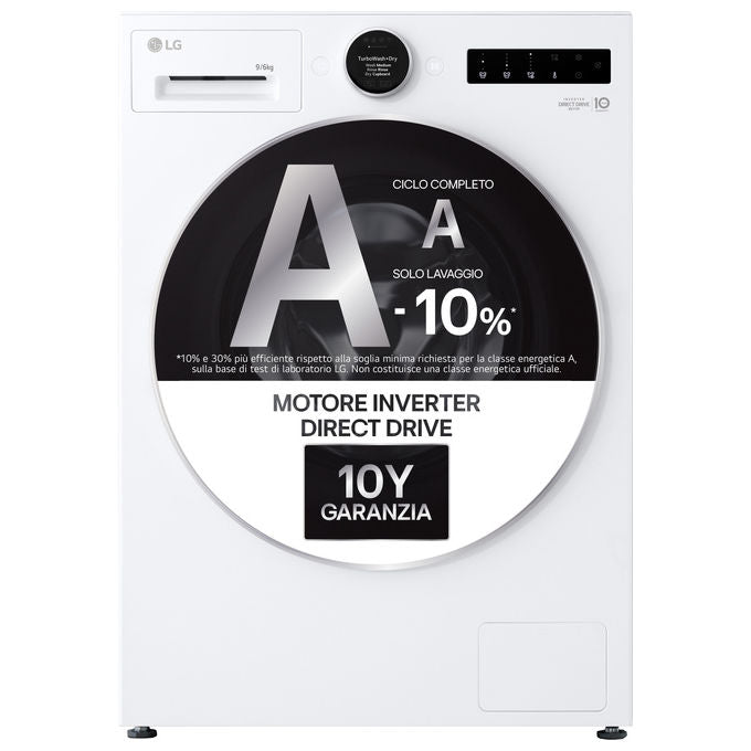 LG WHX9096TLC Lavasciuga a pompa di calore 9-6 Kg 1400 rpm Classe A AI DD TurboWash Dual Inverter Heat Pump (60x56.5x85 cm) colore Bianco