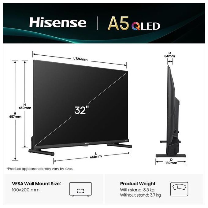 Hisense 32A59Q A5Q Smart TV QLED 32'' Full HD 60Hz HDR10 Dolby Atmos VIDAA Wi-Fi colore Nero