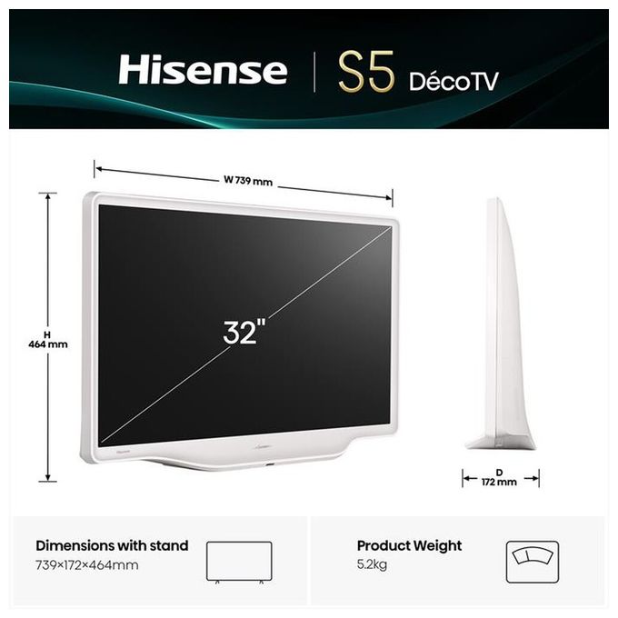 Hisense TV QLED Full HD 32S5Q Smart TV Wi-Fi Argento-Bianco