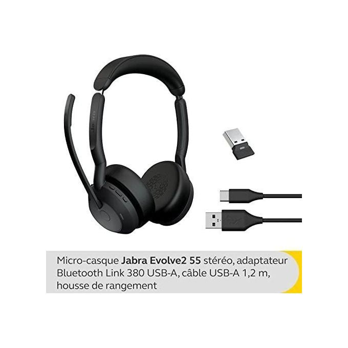 Jabra 25599-989-999 Evolve2 55 Auricolare Wireless Stereo con Bluetooth 5.2 e USB Tipo-C Base di Ricarica inclusa colore Nero