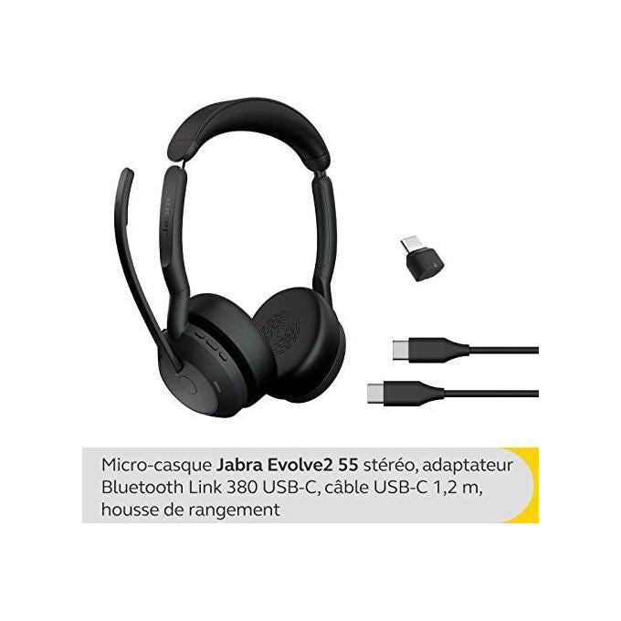 Jabra 25599-999-899 Evolve2 55 Auricolare Wireless Bluetooth con Cancellazione Attiva del Rumore Base di Ricarica incluso colore Nero