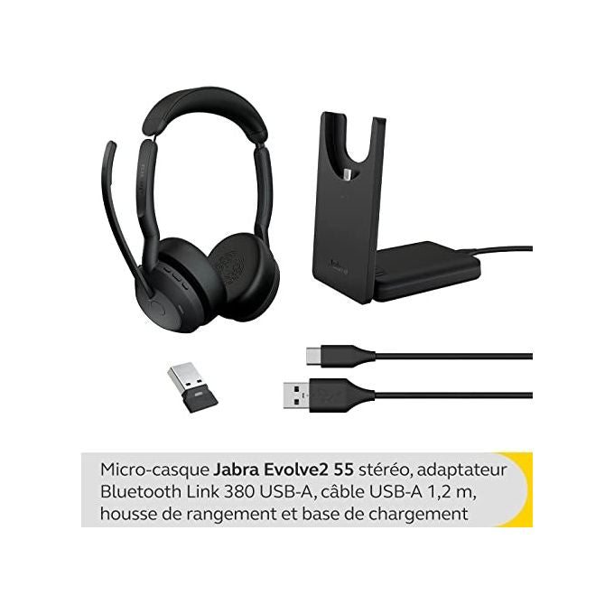 Jabra 25599-999-989 Evolve2 55 Auricolare Stereo Wireless con Cancellazione Attiva del Rumore e Connessione Bluetooth USB-A Base di Ricarica Inclusa colore Nero