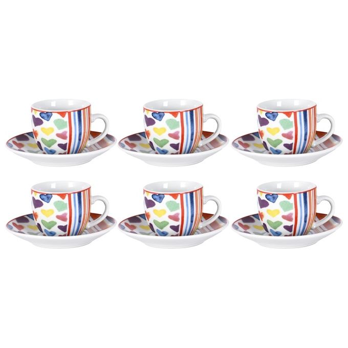 Borella 25690 Cuoricini Set 6 Tazzine Caffe' con Piattino Porcellana