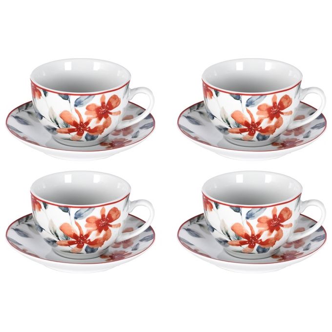 Borella 25703 Cadice Set Te' 4 Tazze con Piattino Porcellana