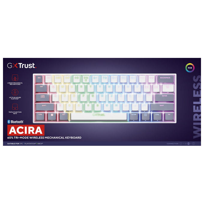 Trust GXT 873 Acira Mini Tastiera Gaming Meccanica 60% Tri-Mode Wireless Bluetooth RGB Layout Italiano colore Bianco