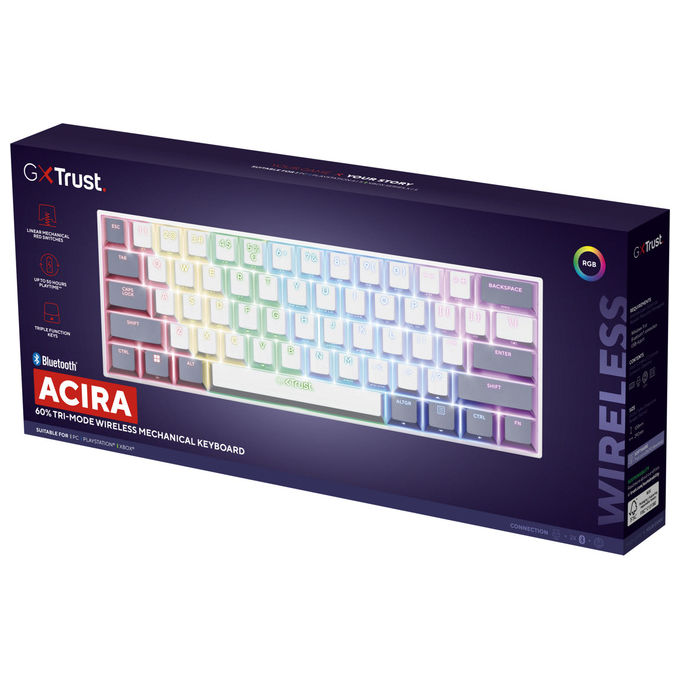 Trust GXT 873 Acira Mini Tastiera Gaming Meccanica 60% Tri-Mode Wireless Bluetooth RGB Layout Italiano colore Bianco