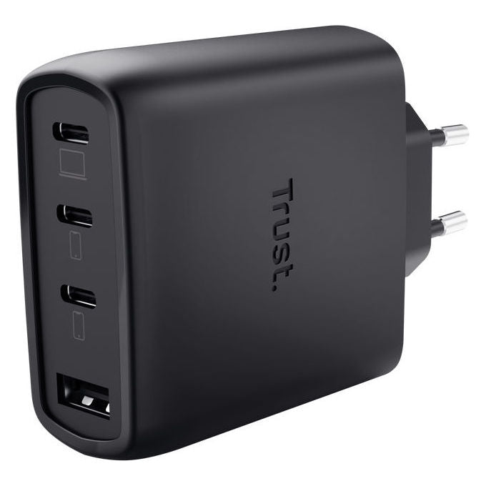 Trust caricatore GaN 65W, 4 porte USB, 3 USB-C e 1 USB-A, ricarica rapida, Power Delivery, Quick Charge 4+, nero