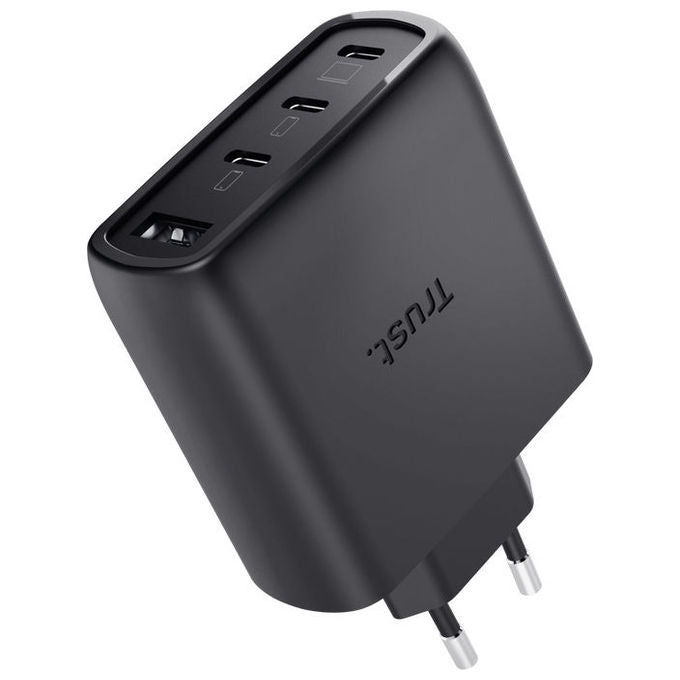 Trust caricatore GaN 65W, 4 porte USB, 3 USB-C e 1 USB-A, ricarica rapida, Power Delivery, Quick Charge 4+, nero
